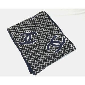 Chanel Cashmere & Silk Reversible Scarf Shawl Stole Blue Black White 60" x 12"